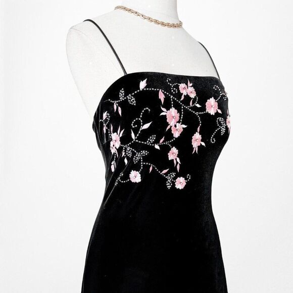 Vintage Black Pink Floral Beaded Embroidered Velvet Bodycon Maxi Prom Dress - Picture 5 of 6